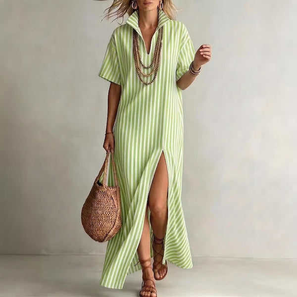 Striped Linen V-Neck Dress
