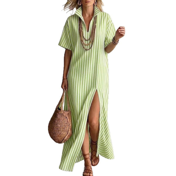 Striped Linen V-Neck Dress